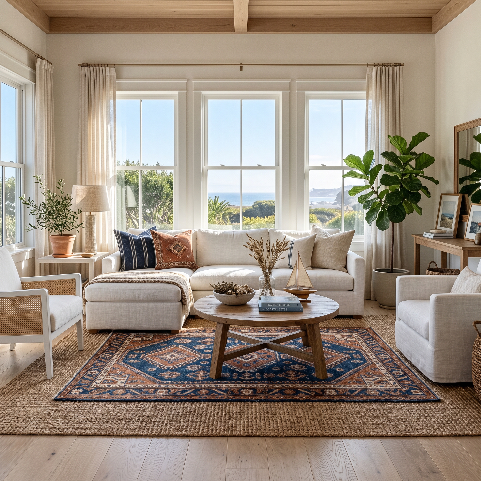 Indigo and rust wool rug layered over a large jute rug on a pale white oak hardwood floor